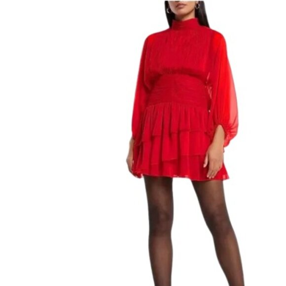 Express Womens Mini Dress Red Pleated Mock Neck Ruffle Tiered Chiffon 4 New - Picture 2 of 3